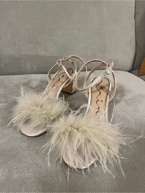 Nina Feather-Trim Ankle-Strap Heels in Cream